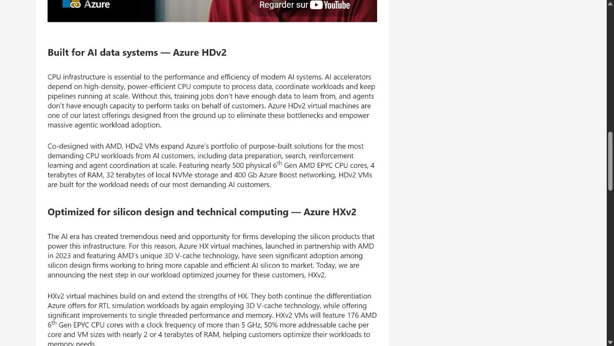 Capture de la page officielle Microsoft listant les caractéristiques de la machine virtuelle Azure HDv2.