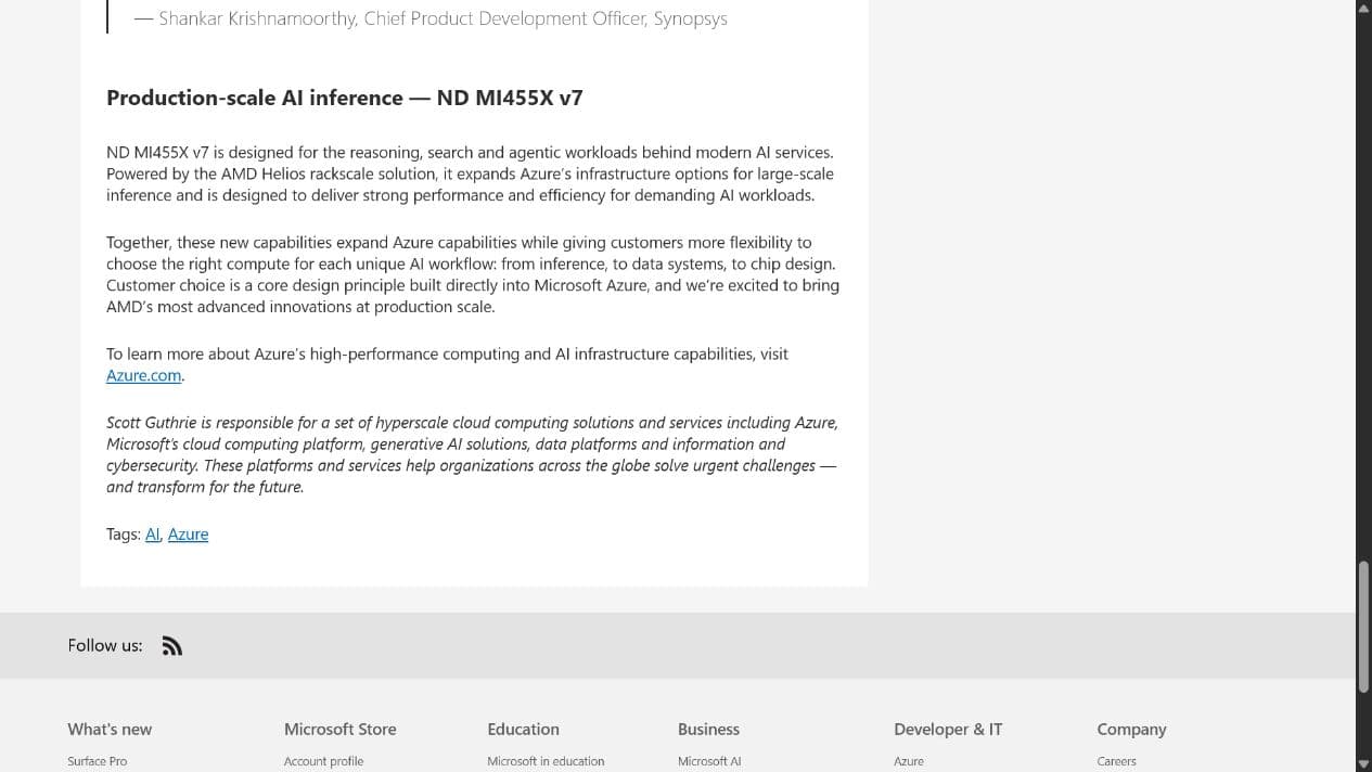 Capture de la page officielle Microsoft décrivant la machine virtuelle Azure ND MI455X v7 pour l’inférence IA.