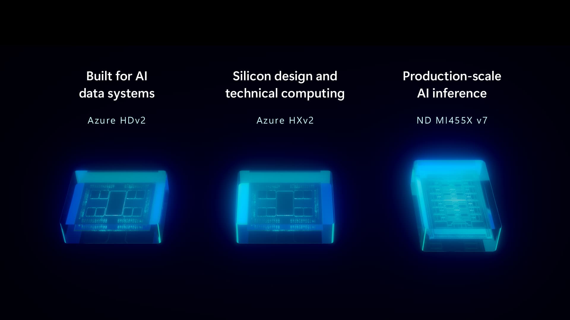 Visuel officiel Microsoft présentant les trois offres Azure HDv2, HXv2 et ND MI455X v7 sur un fond bleu sombre.