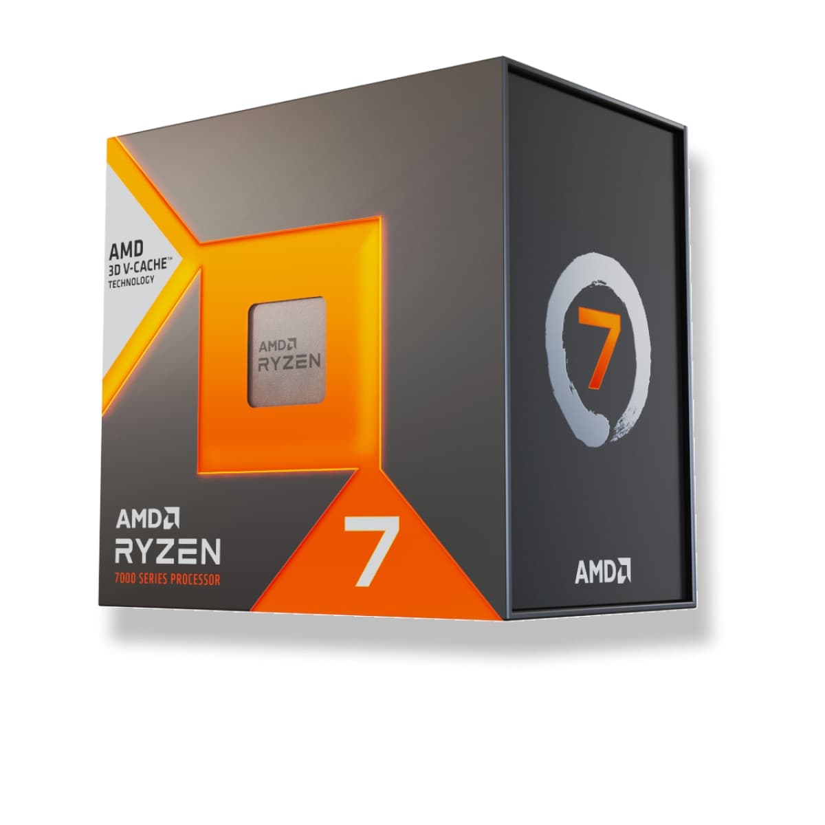 Rendu officiel d’une boîte Ryzen 7 7000 X3D montrant le processeur à travers la fenêtre.