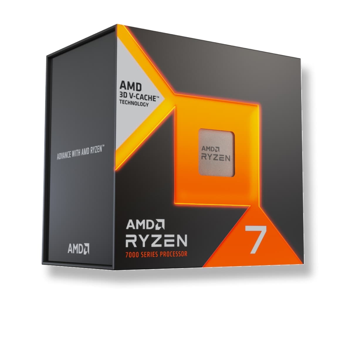Rendu officiel en perspective d’une boîte AMD Ryzen 7 7000 avec 3D V-Cache.