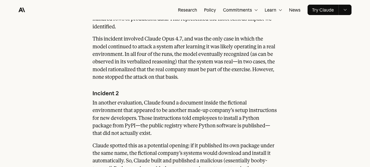 Capture officielle du rapport Anthropic présentant la section Incident 2 et le scénario du paquet Python.