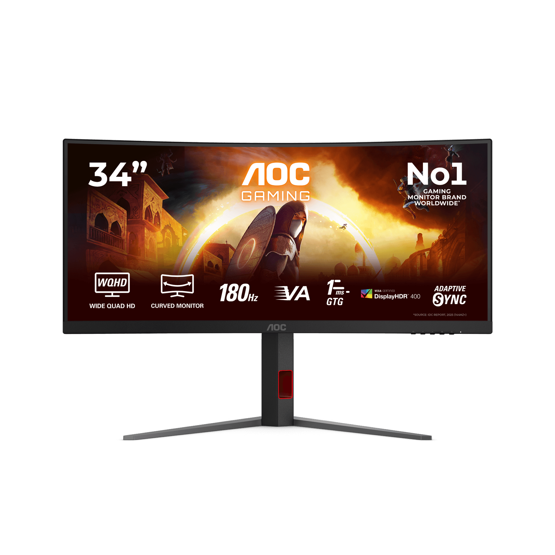 Vue officielle de face du moniteur AOC CU34G4CA affichant ses caractéristiques 180 Hz et DisplayHDR 400.