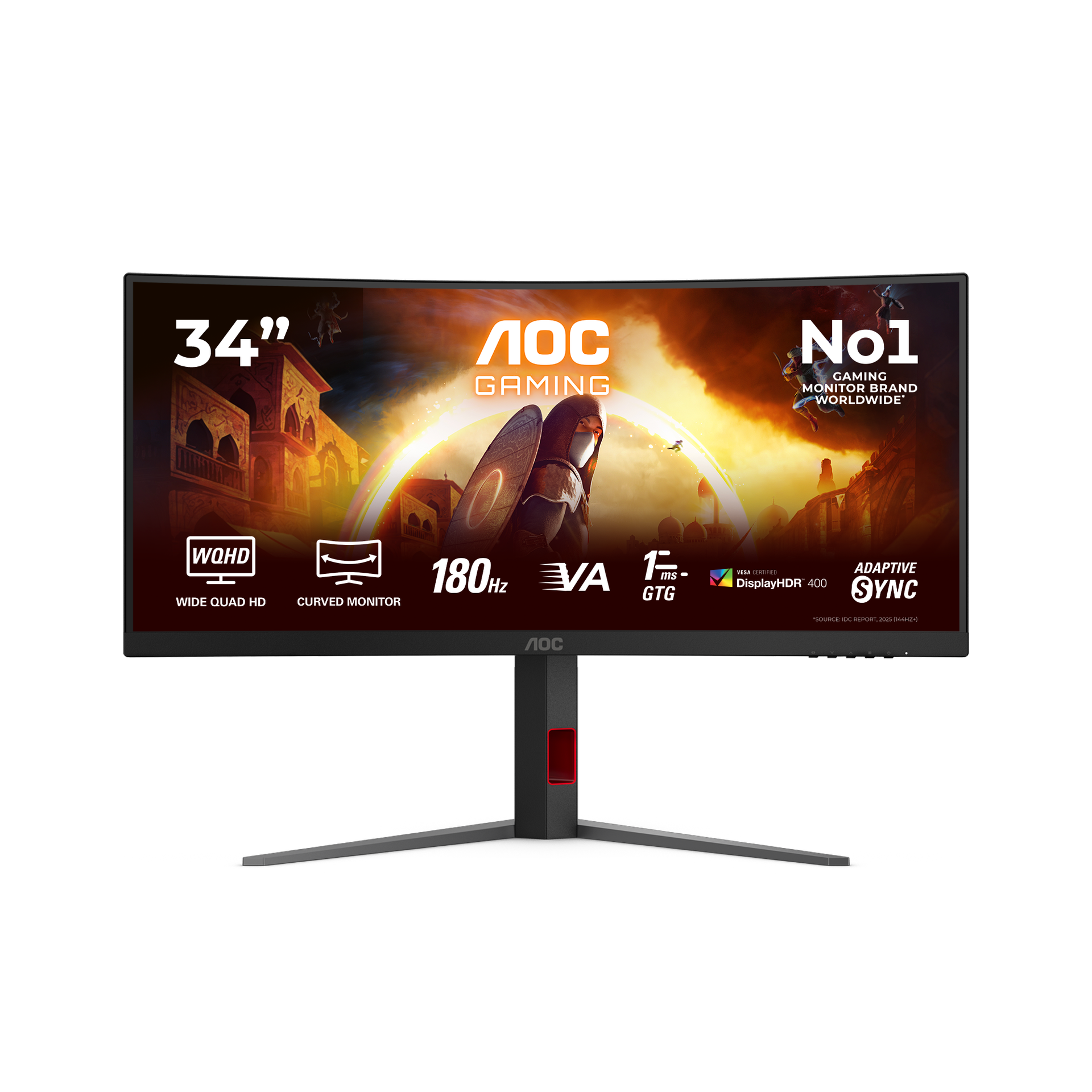 Vue officielle de face du moniteur AOC CU34G4CA affichant ses caractéristiques 180 Hz et DisplayHDR 400.