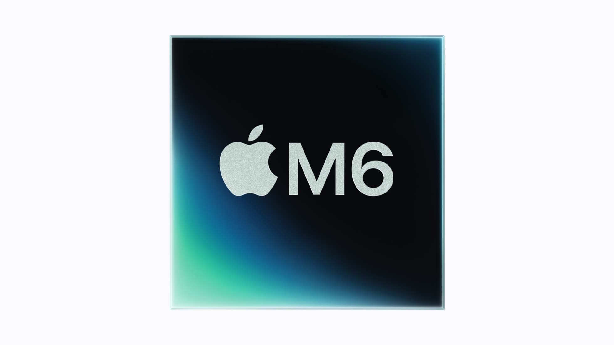 Illustration officielle de la puce Apple M6 sur un fond dégradé bleu et violet.