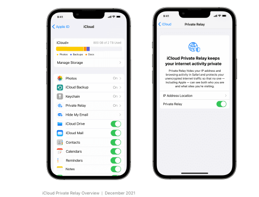 Capture officielle Apple montrant les réglages iCloud et l’écran d’activation de Private Relay sur iPhone.