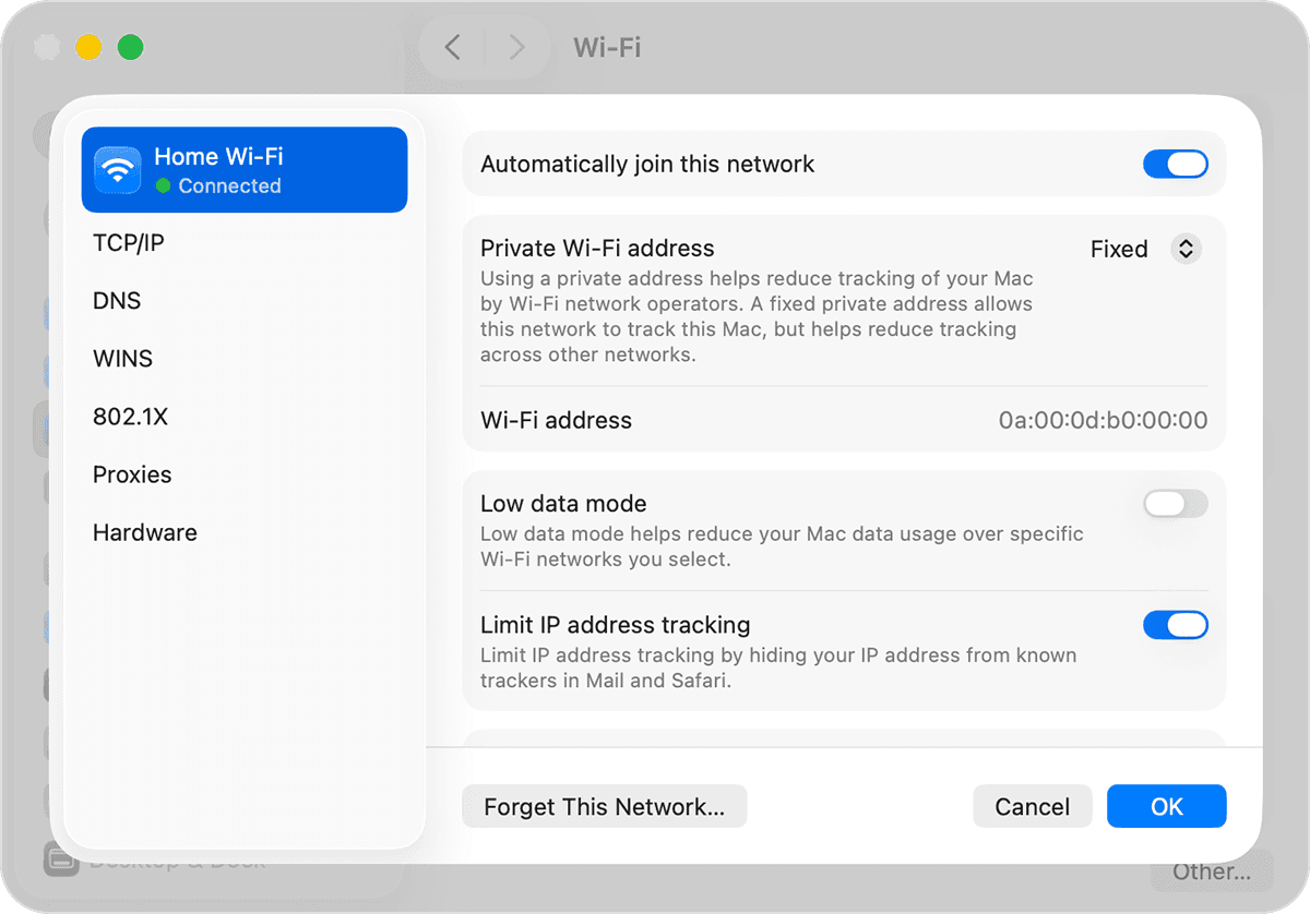 Capture officielle des détails Wi-Fi de macOS avec l’option Limiter le suivi de l’adresse IP activée.