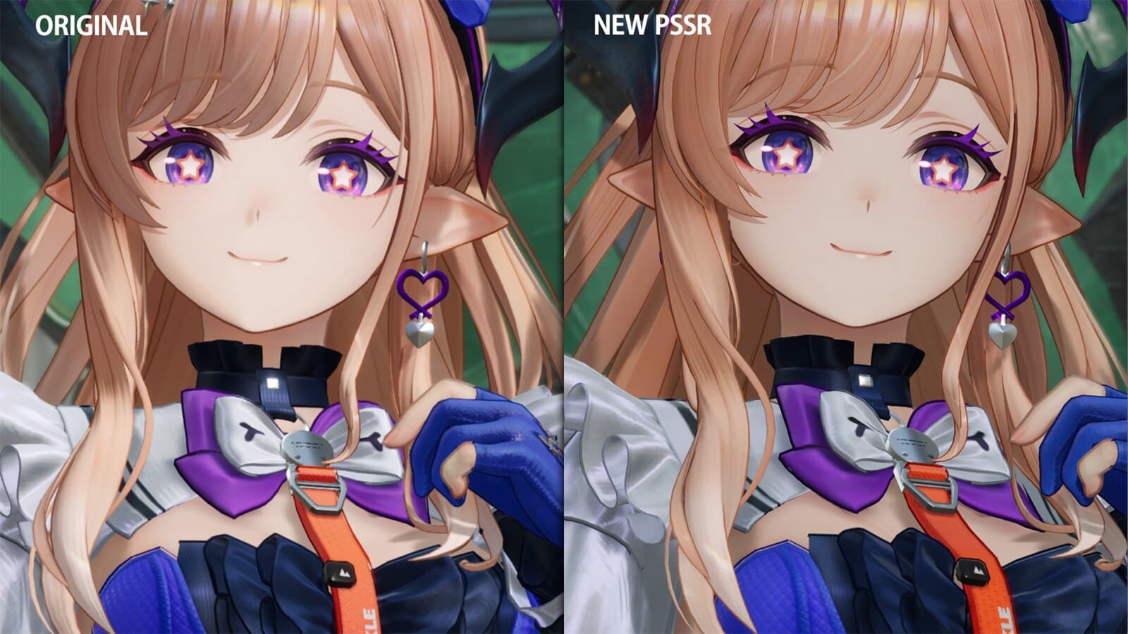 Comparaison officielle côte à côte entre le rendu original et le nouveau PSSR sur le visage et la tenue d’une opératrice.