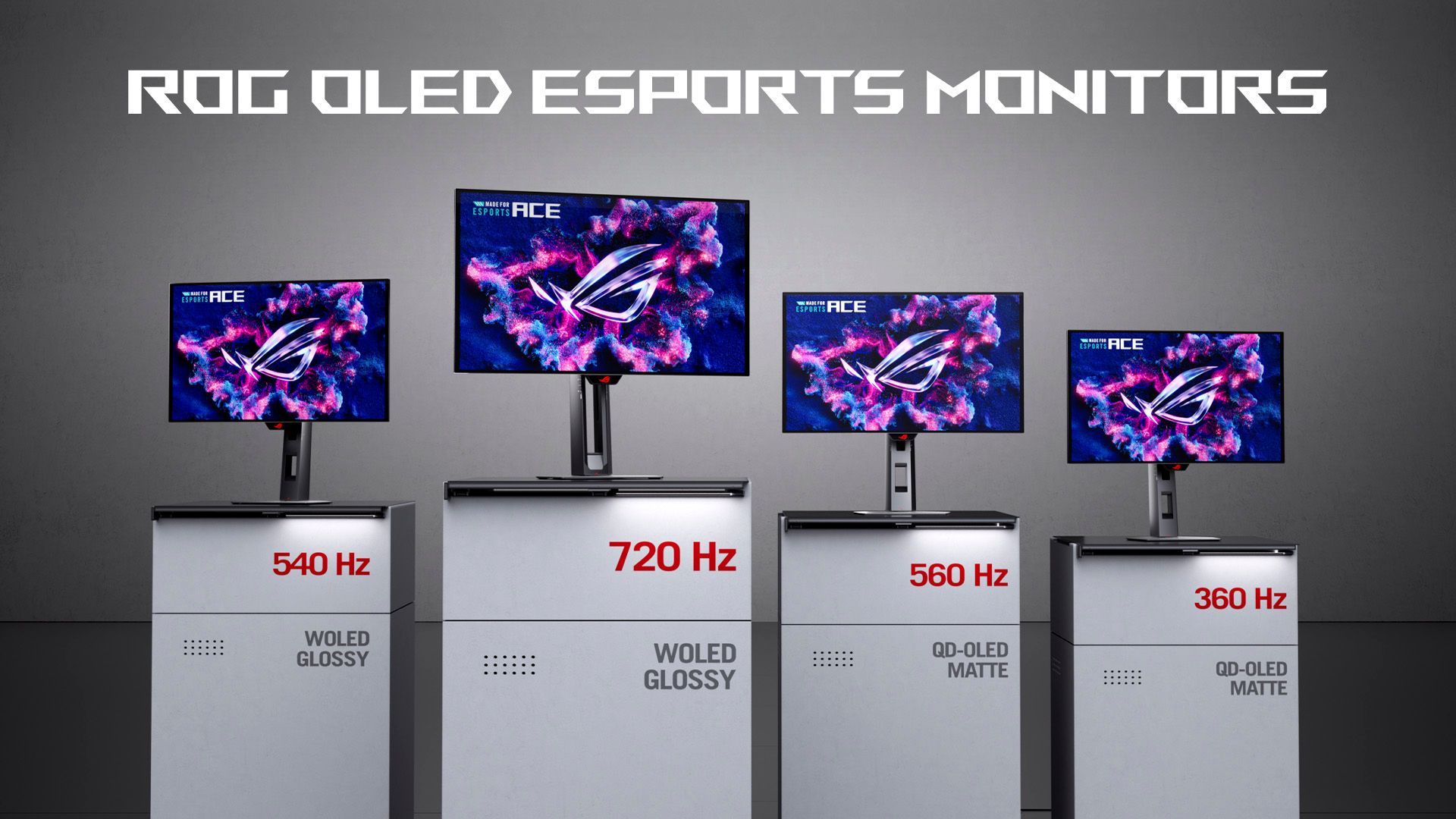 Gamme officielle ASUS ROG de quatre moniteurs OLED esport de 24,5 pouces affichant des fréquences de 360 à 720 Hz.