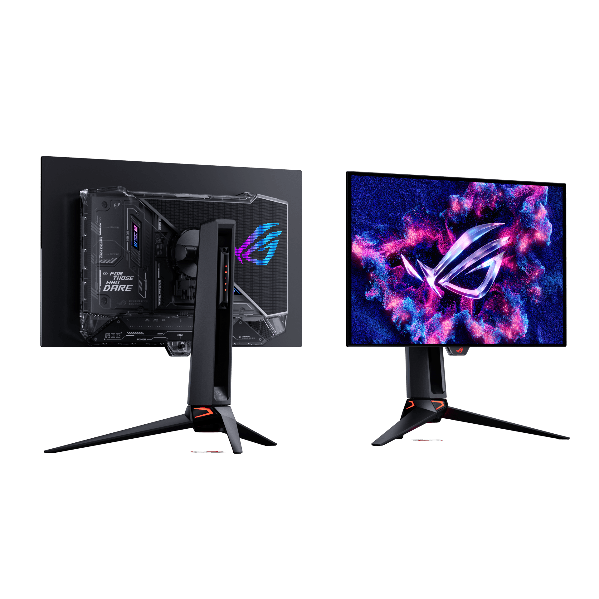Vue officielle avant et arrière du ROG Swift OLED PG27UCWM de 26,5 pouces.