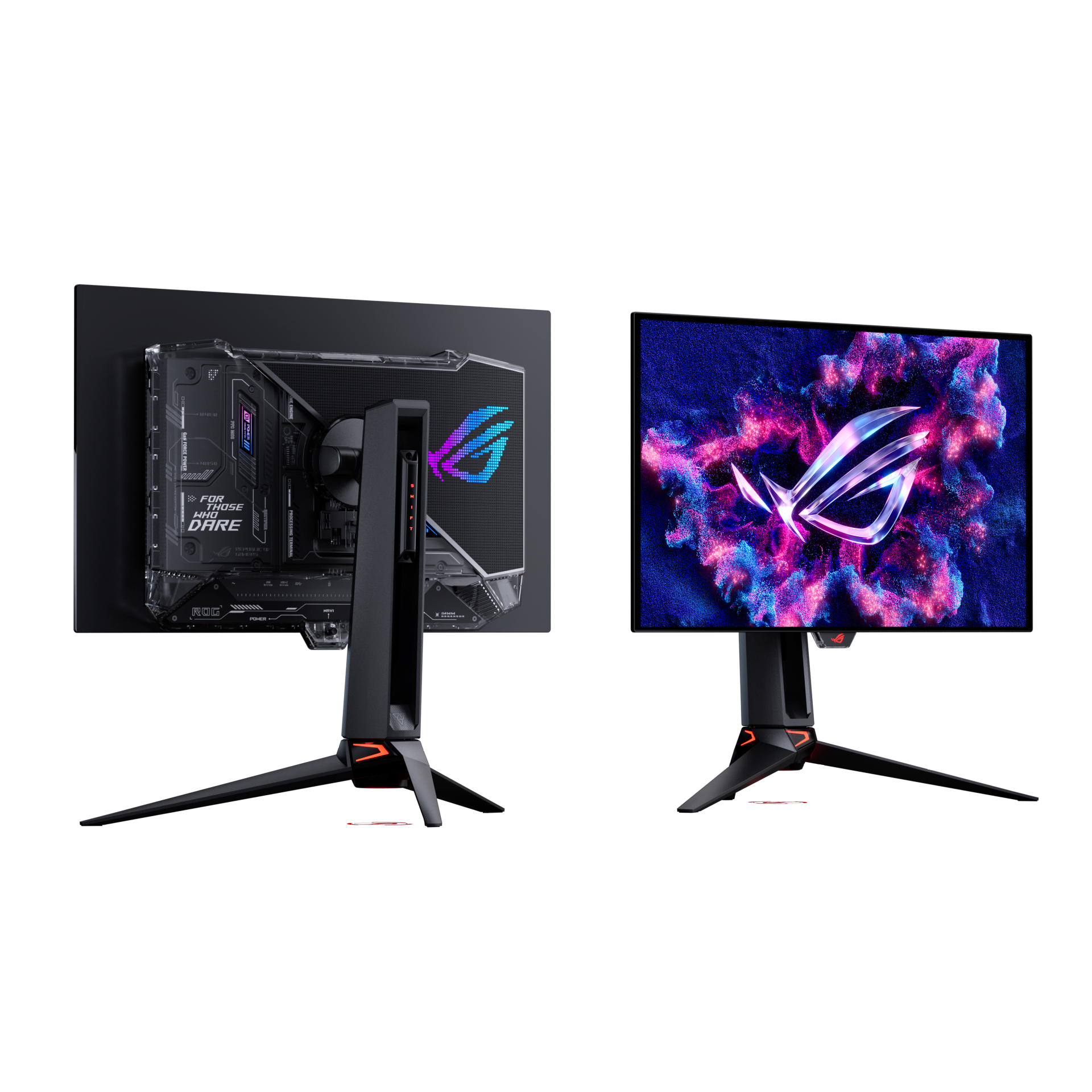 Vue officielle avant et arrière du ROG Swift OLED PG27UCWM de 26,5 pouces.
