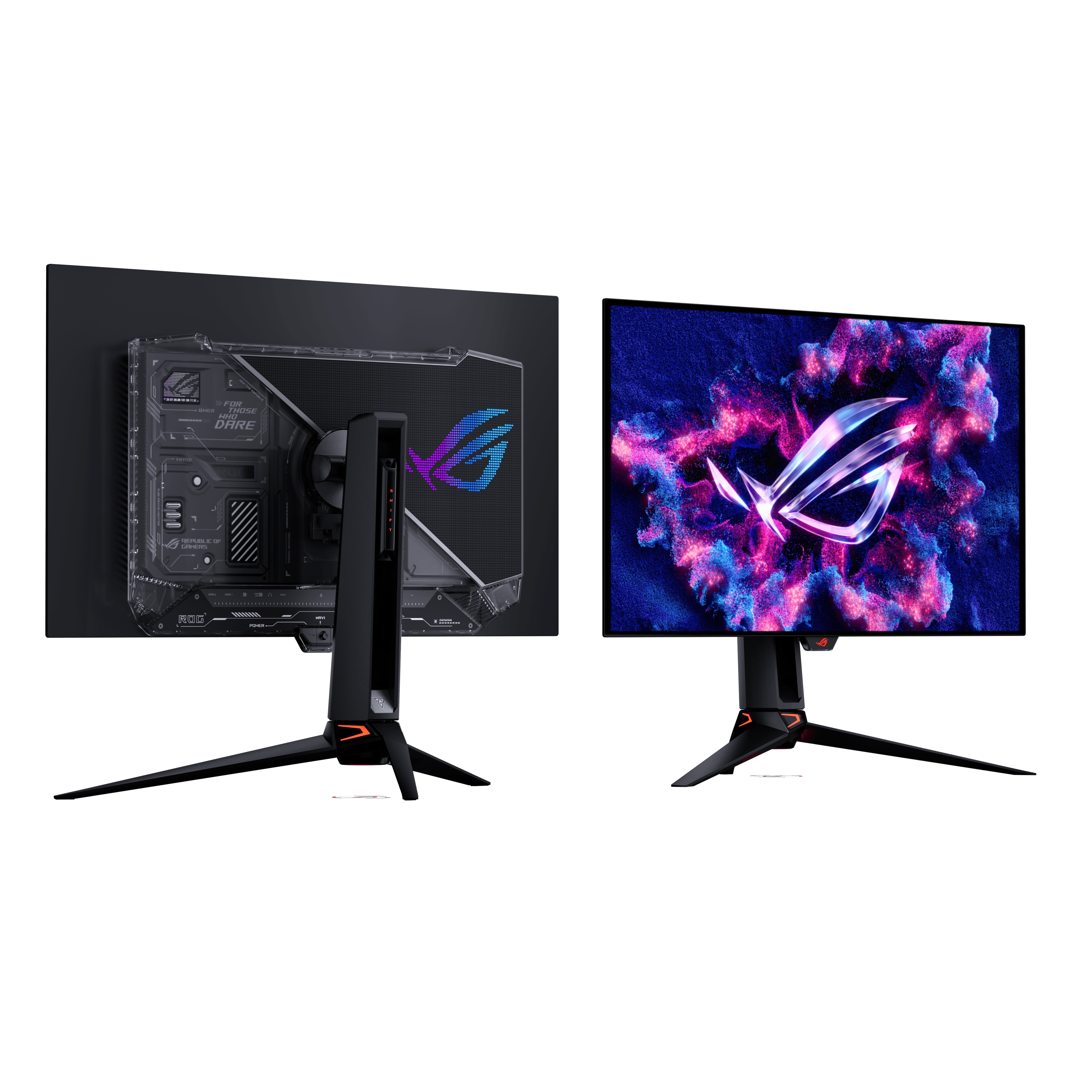 Vue officielle avant et arrière du ROG Swift OLED PG32UCWM de 31,5 pouces.