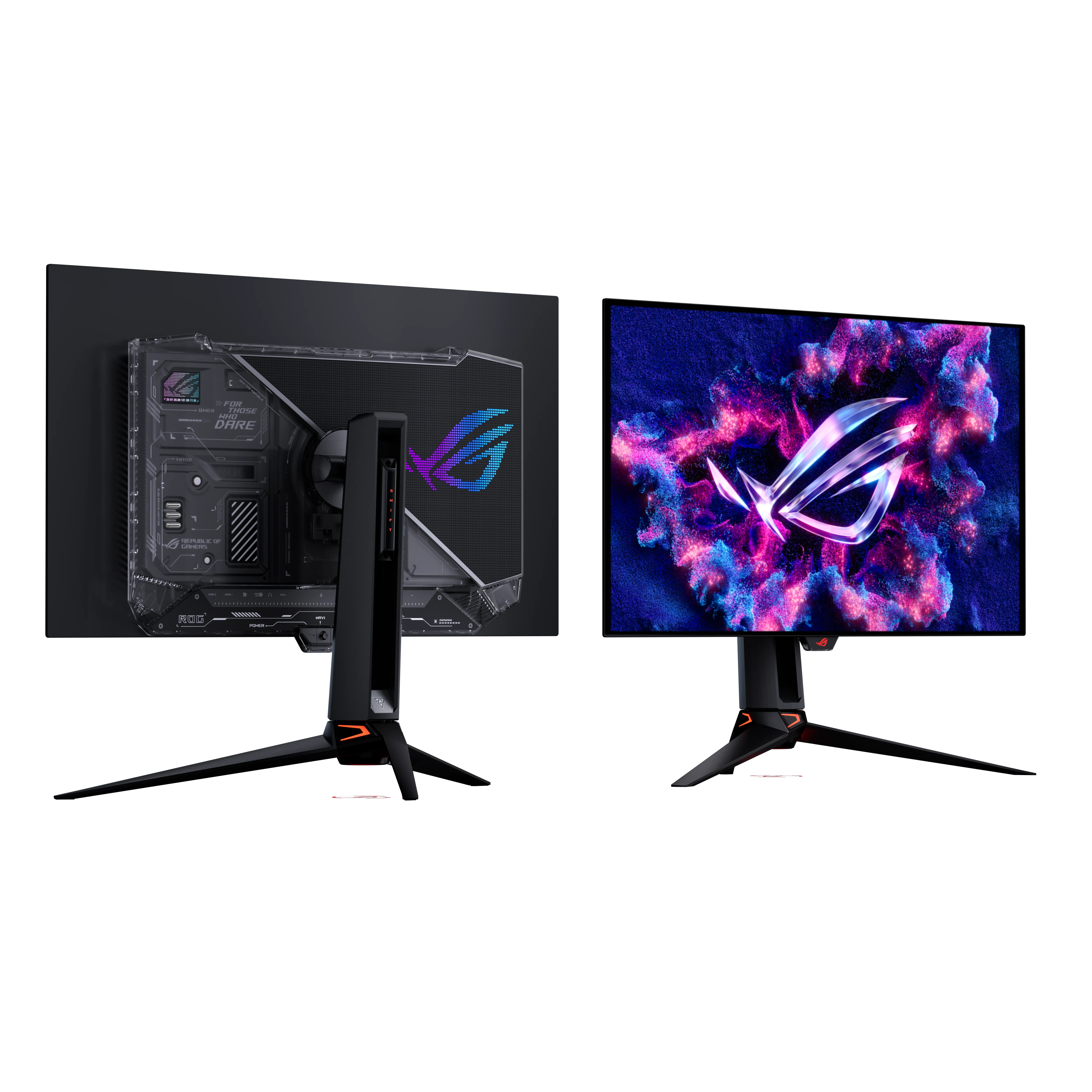 Vue officielle avant et arrière du ROG Swift OLED PG32UCWM de 31,5 pouces.