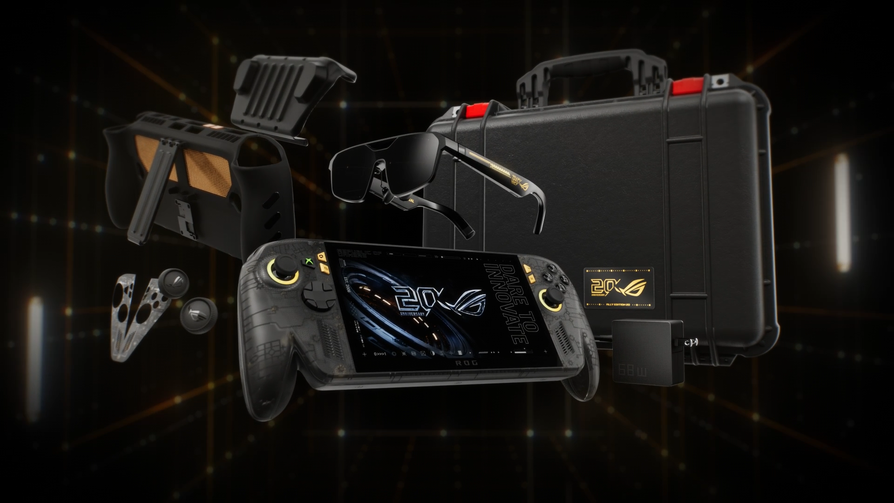 Rendu officiel du coffret ROG Xbox Ally X20 avec console, lunettes Xreal, coque dbrand, chargeur et valise Pelican.