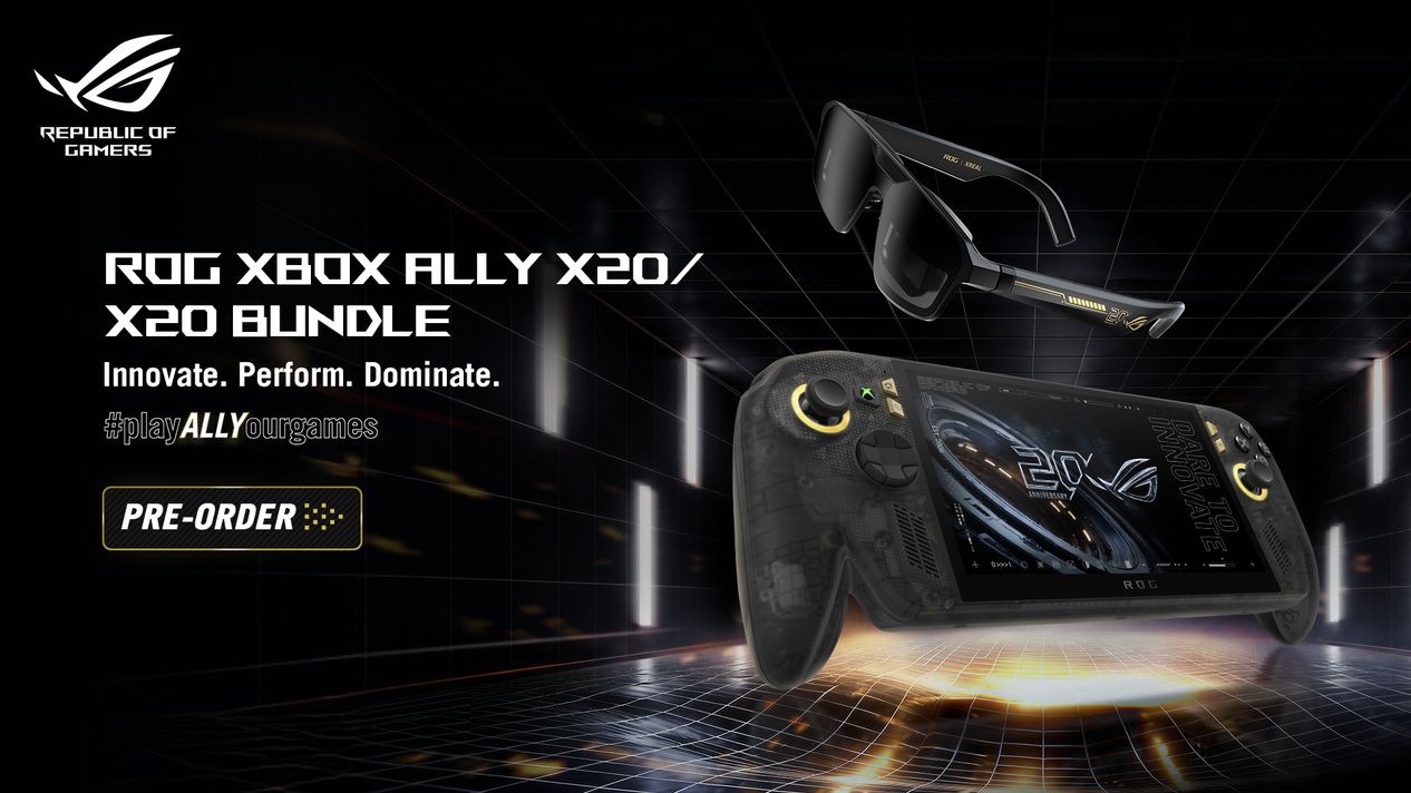 Visuel officiel de précommande de la ROG Xbox Ally X20 avec la console portable et les lunettes ROG Xreal R1 Edition 20.