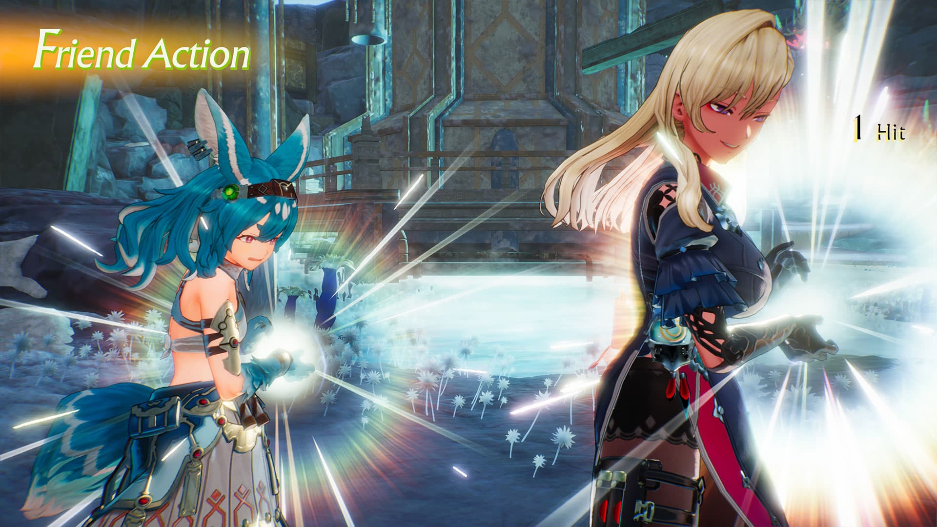 Capture officielle d’Atelier Yumia présentant une action combinée entre deux personnages pendant un combat.