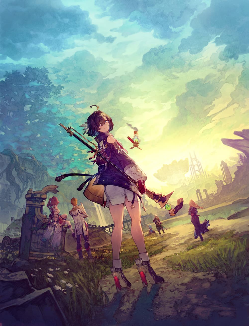 Illustration officielle verticale d’Atelier Yumia montrant l’héroïne et ses compagnons dans un vaste paysage en ruines.