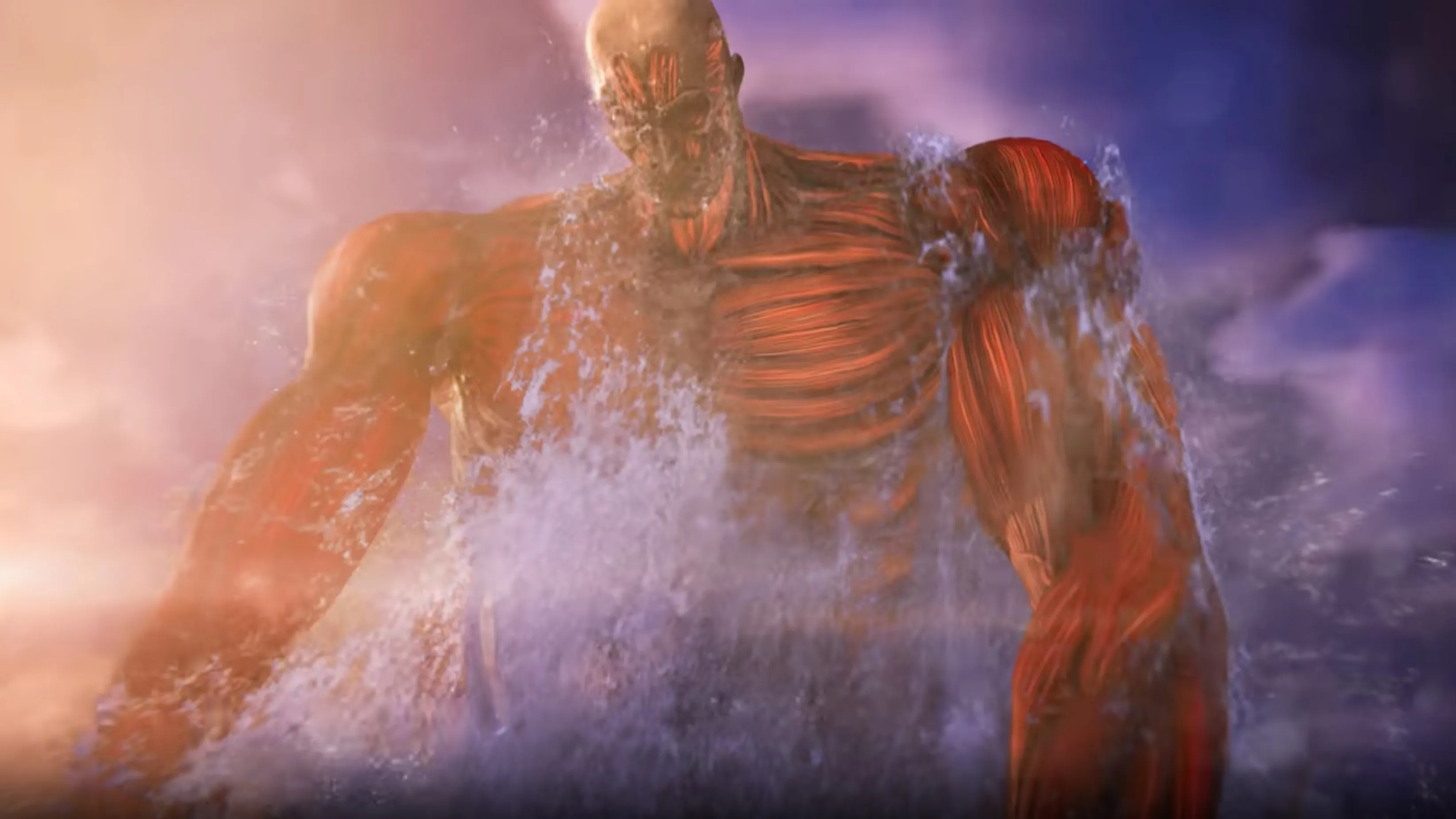 Capture officielle d’Attack on Titan 3 montrant le Titan colossal dominant une ville en flammes.