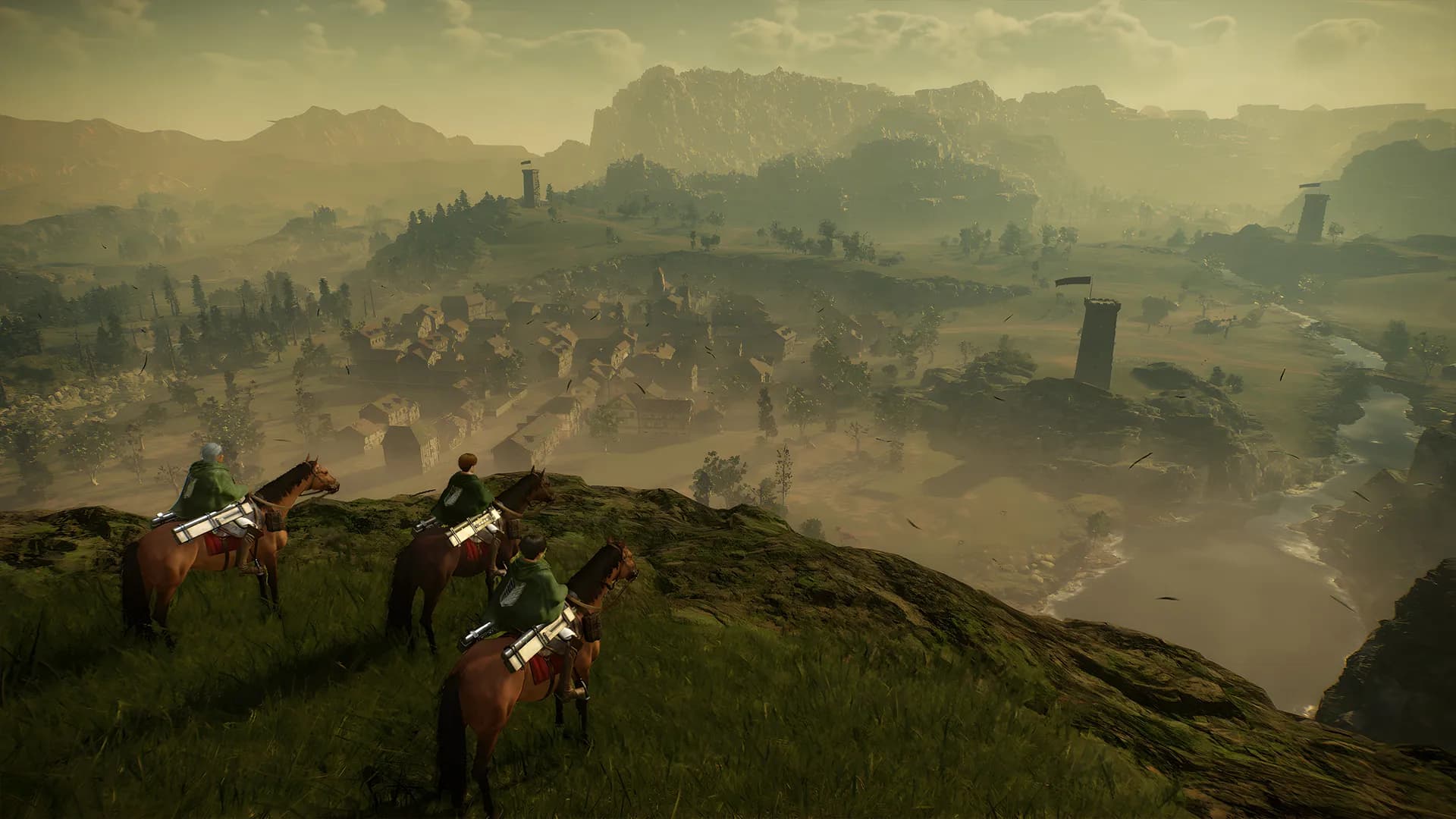 Capture officielle d’Attack on Titan 3 montrant trois membres du bataillon d’exploration à cheval devant un paysage ouvert.