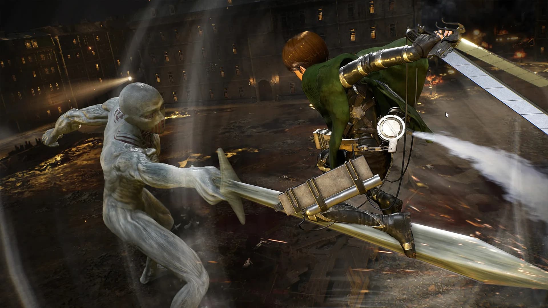 Capture officielle d’Attack on Titan 3 montrant un soldat utilisant son équipement tridimensionnel face à un Titan.