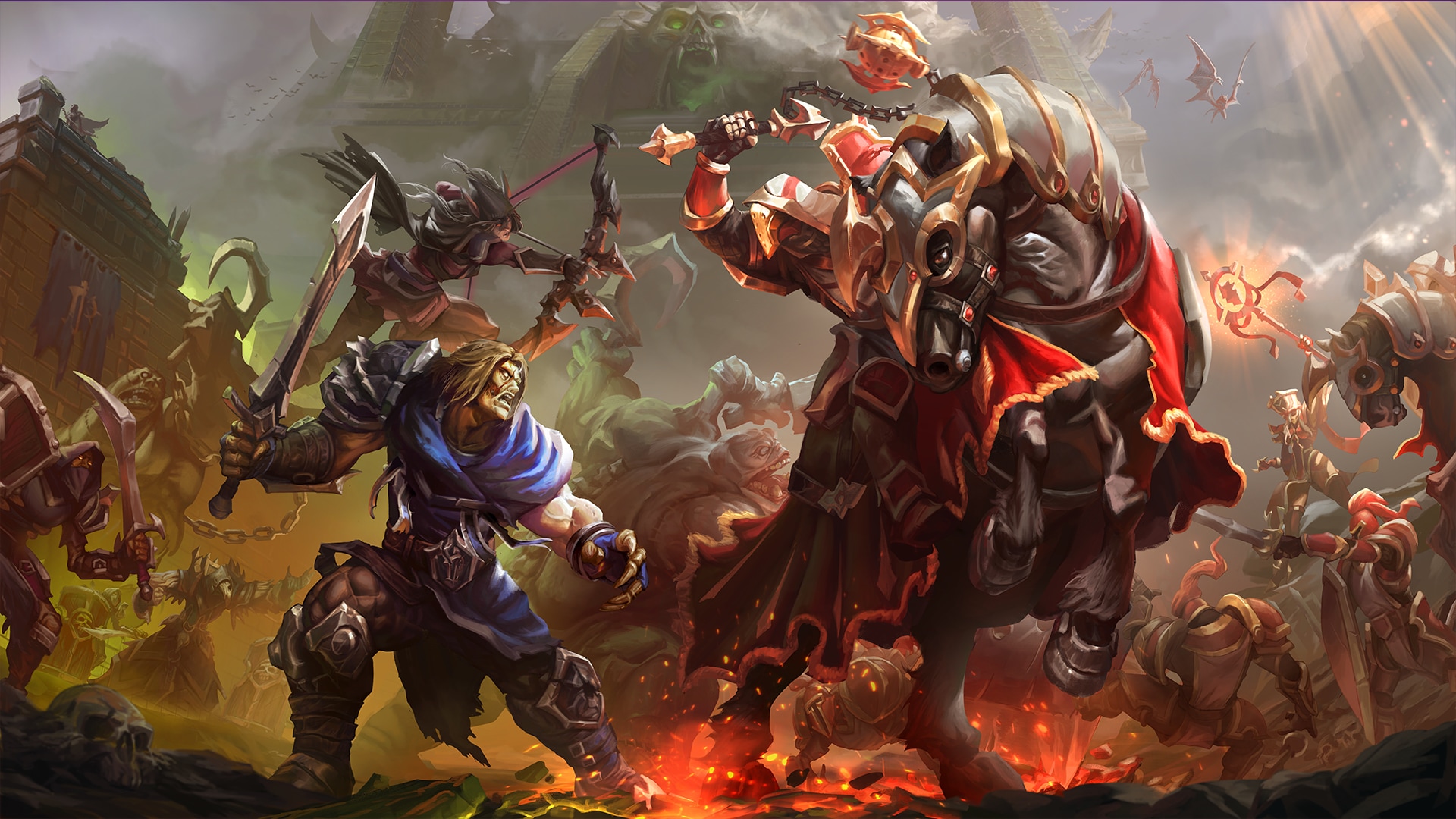 Illustration officielle de Forsaken Kingdom montrant Sylvanas et des Réprouvés face à un cavalier en armure.