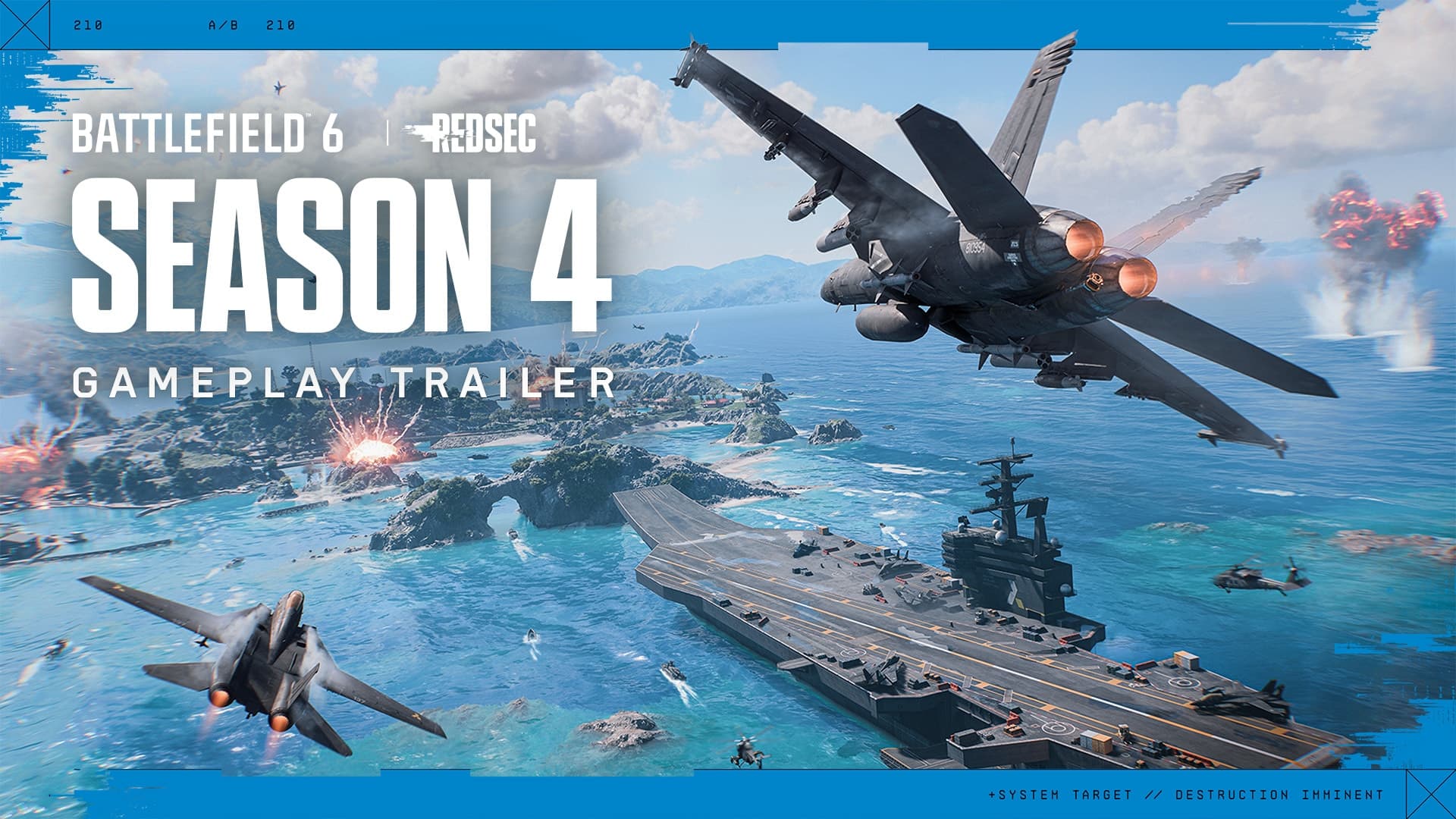 Image officielle de gameplay de la Saison 4 de Battlefield 6 montrant des combats navals et aériens.