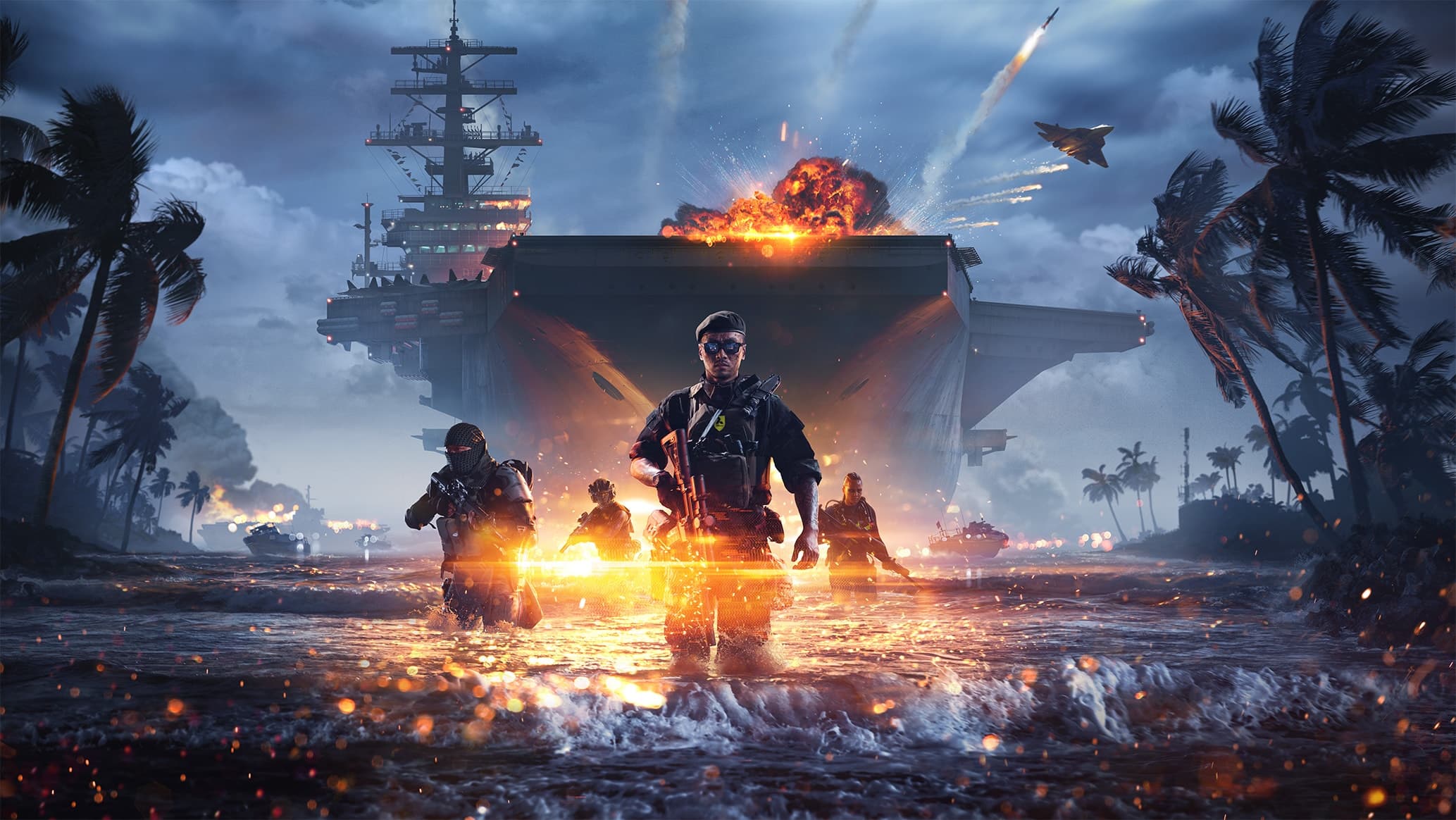 Key art officiel de la Saison 4 de Battlefield 6 avec soldats, blindés, avions et combat côtier.