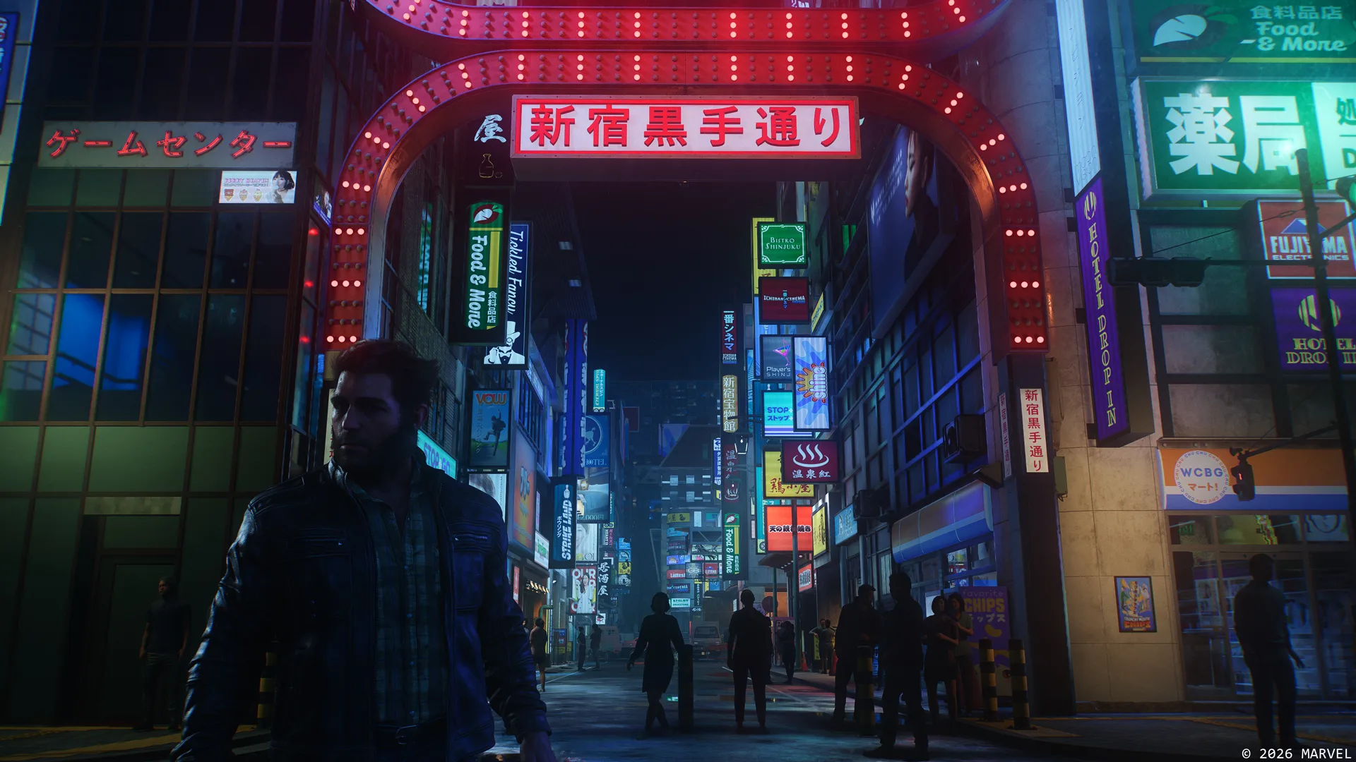 Logan dans une rue illuminée de Shinjuku dans Marvel’s Wolverine