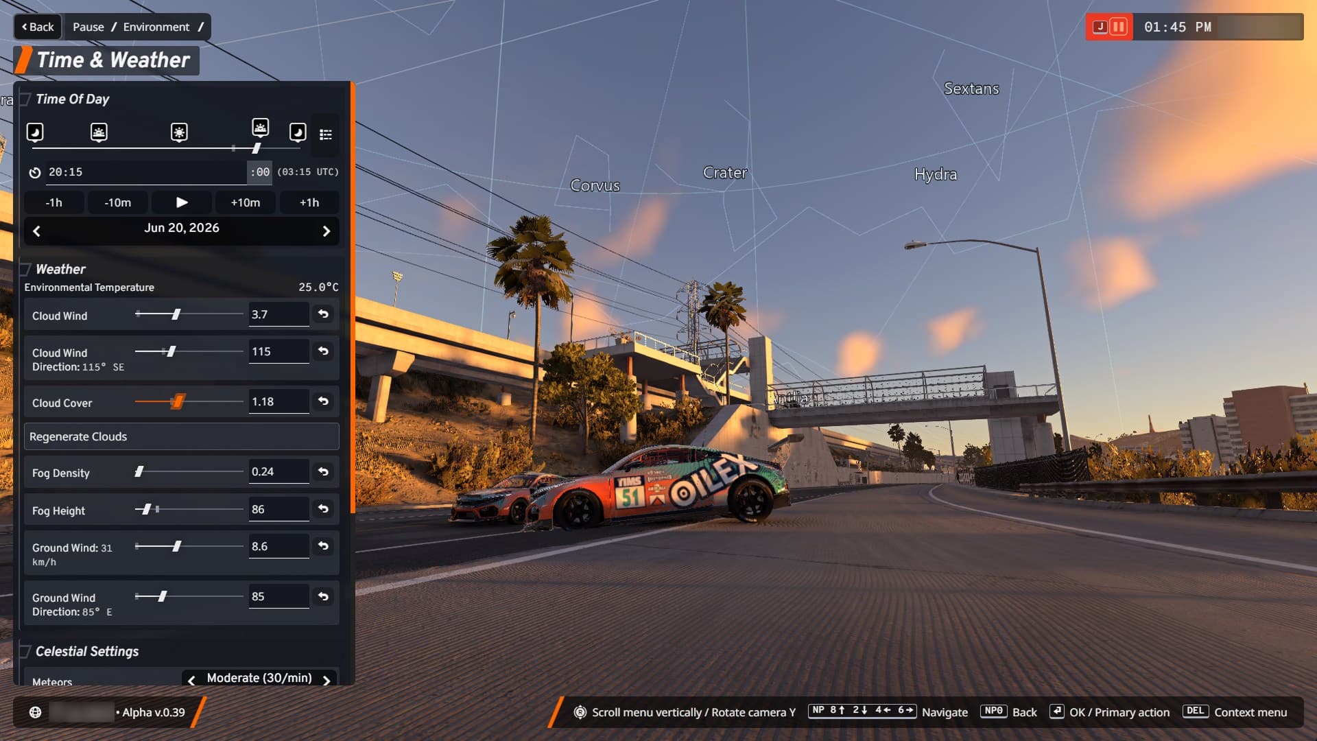 Nouvelle interface officielle de gestion du temps, de la météo et du ciel dans BeamNG.drive 0.39.