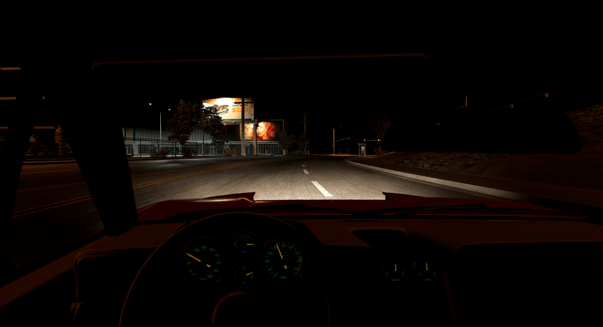 Vue nocturne officielle depuis l’habitacle illustrant les nouveaux faisceaux de phares de BeamNG.drive 0.39.