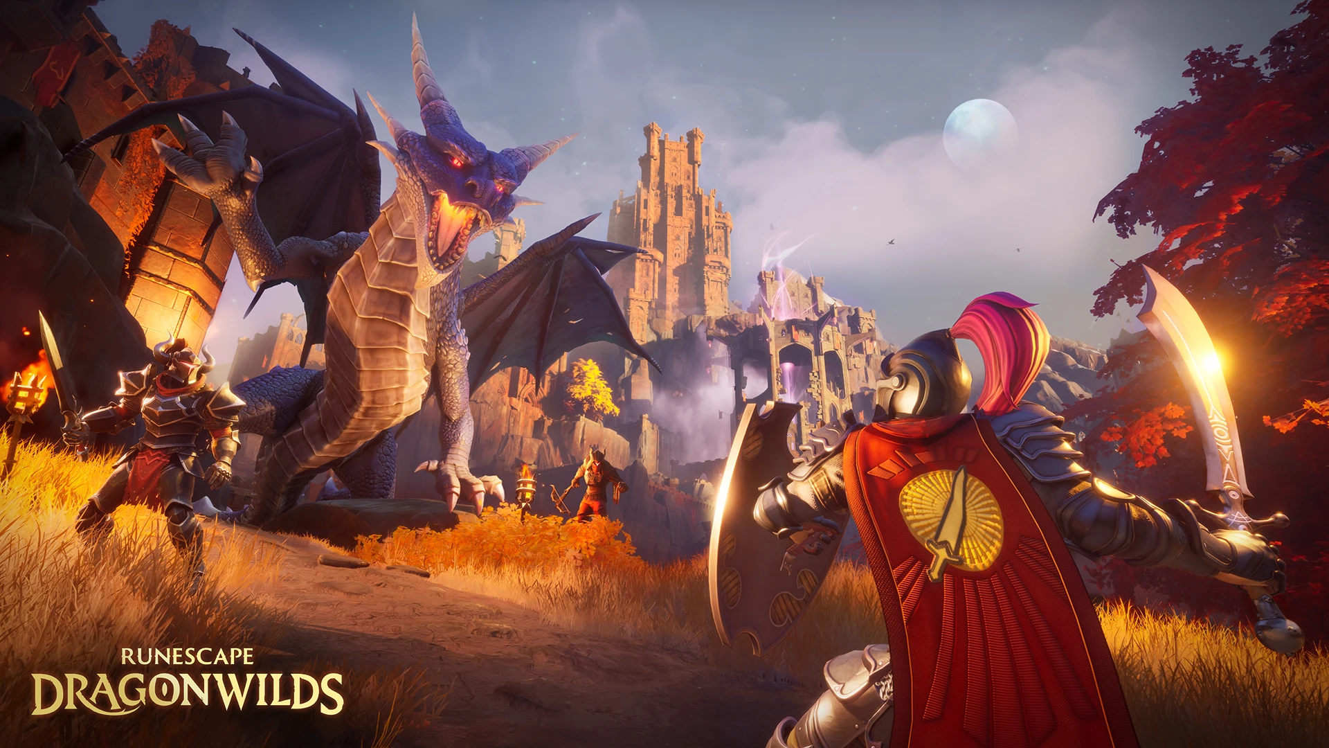 Illustration officielle de RuneScape Dragonwilds montrant des aventuriers face à un dragon près d’un château.
