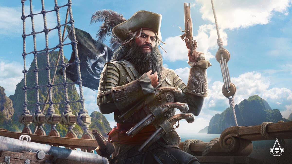 Barbe Noire pose sur le pont d’un navire dans un visuel officiel de Black Flag Resynced.