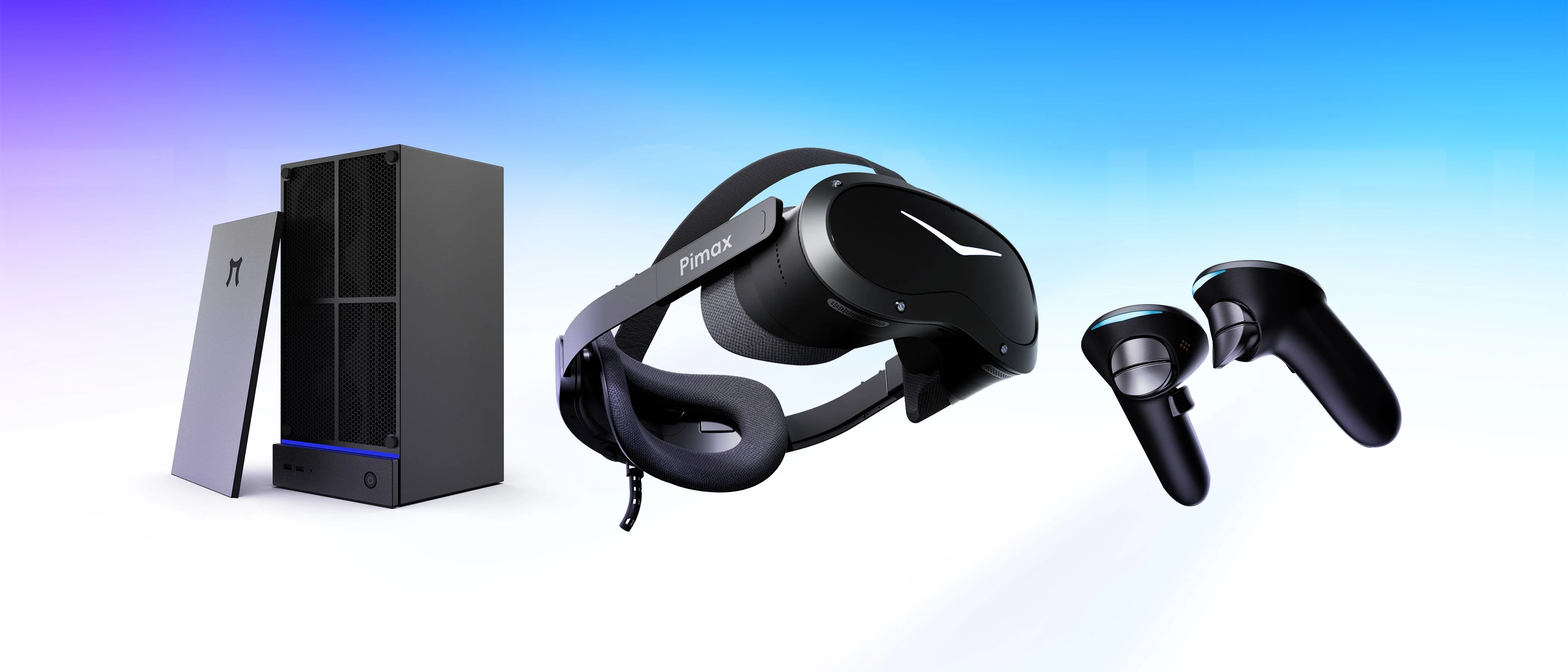 Le casque Pimax Crystal Pro au centre, entre le mini-PC Spation et les nouveaux contrôleurs Ringless