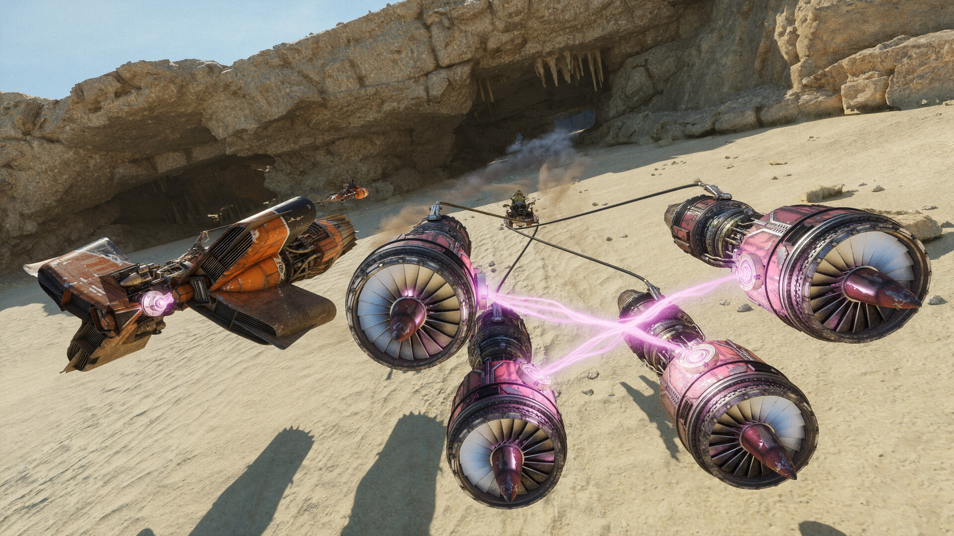 Podracers en course dans le désert de Star Wars: Galactic Racer