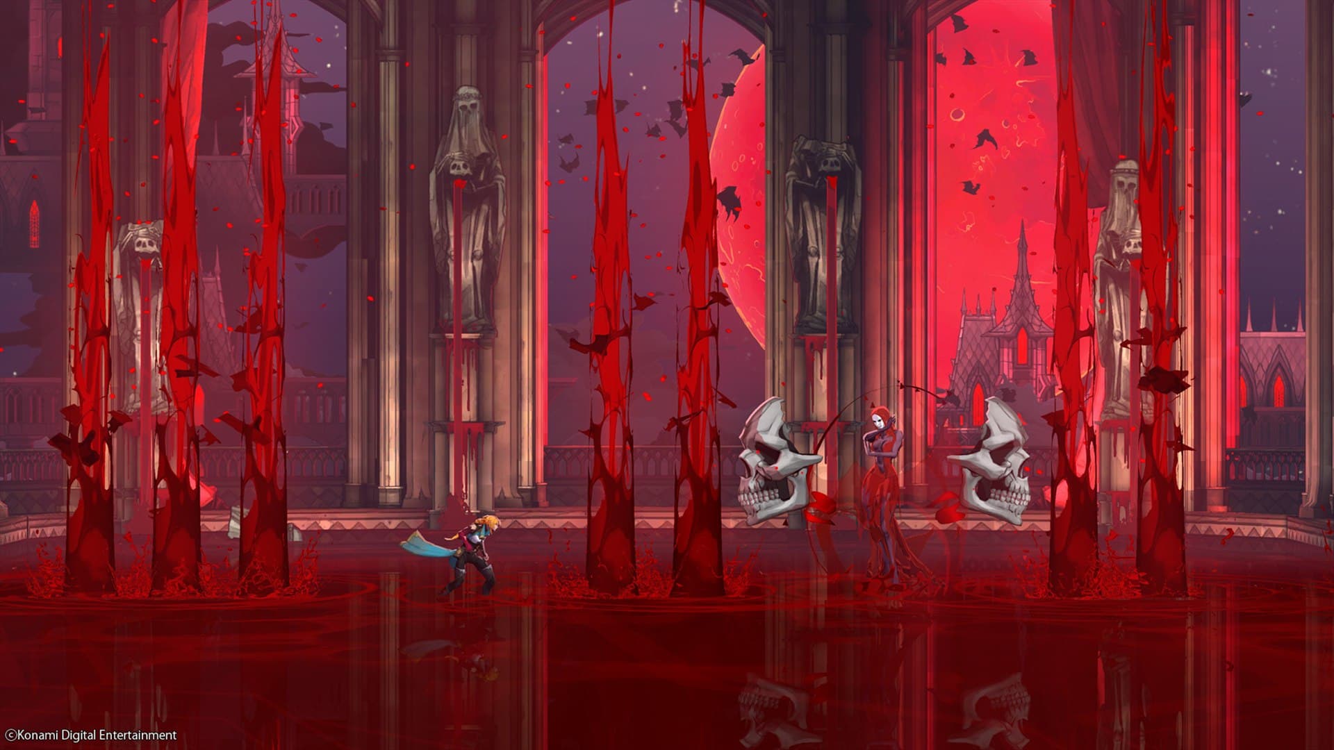 Rose Belmont affronte un boss entouré de piliers rouges dans une capture officielle de Castlevania: Belmont's Curse.