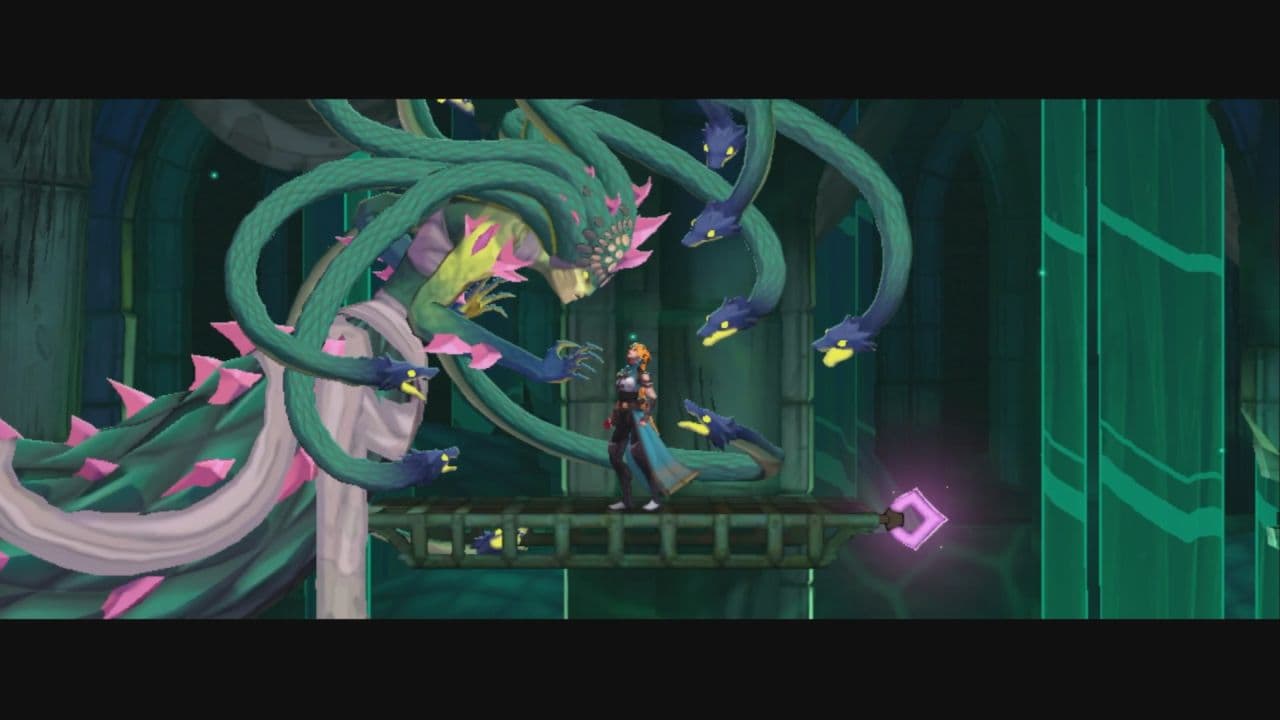 Capture officielle de Castlevania: Belmont’s Curse montrant Rose Belmont face à une créature à plusieurs têtes.