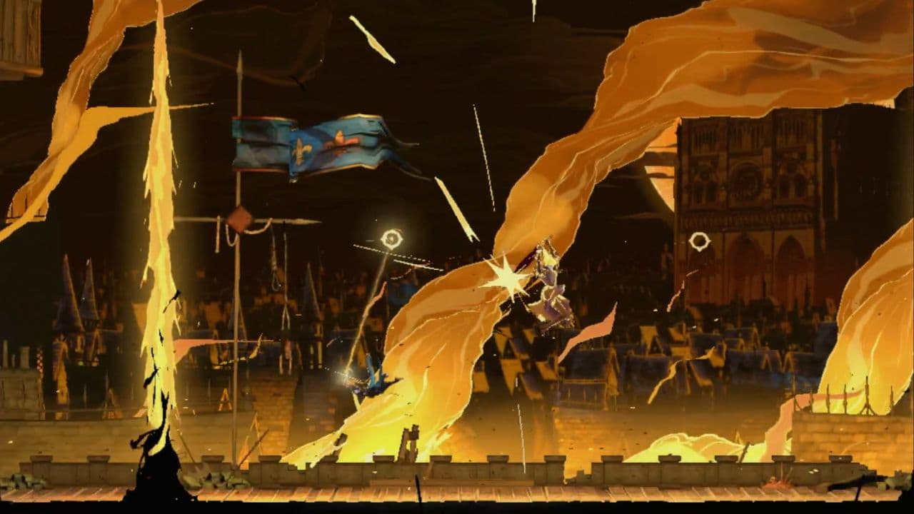 Capture officielle de Castlevania: Belmont’s Curse montrant Rose Belmont traversant un combat enflammé devant Notre-Dame.