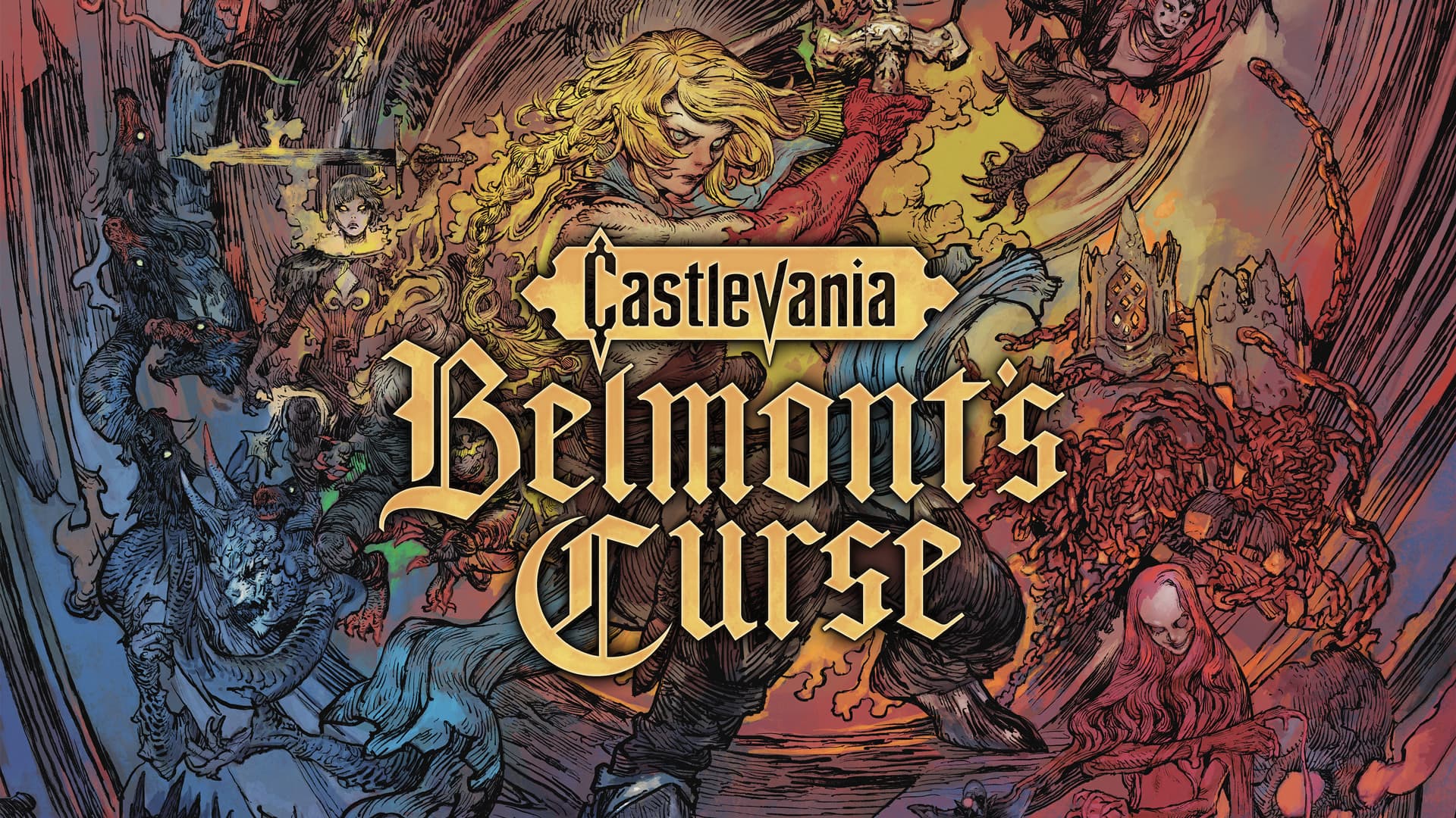 Key art officiel de Castlevania: Belmont’s Curse avec Rose Belmont entourée de créatures.