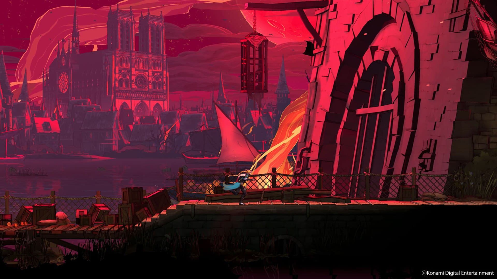 Rose Belmont traverse les quais d'un Paris en flammes avec Notre-Dame visible au loin.