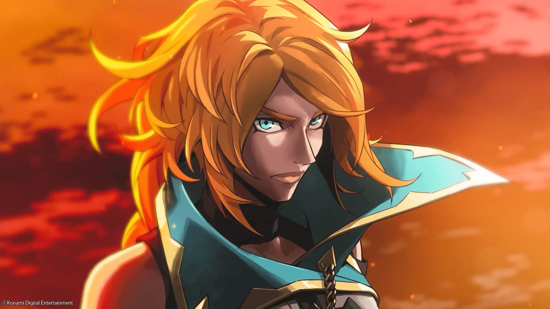 Portrait officiel de Rose Belmont devant le ciel rouge de Castlevania: Belmont's Curse.