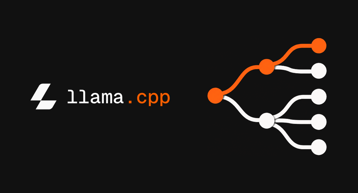 Logo llama.cpp blanc et orange sur fond sombre, accompagné d’un arbre de décision dont une branche est mise en évidence