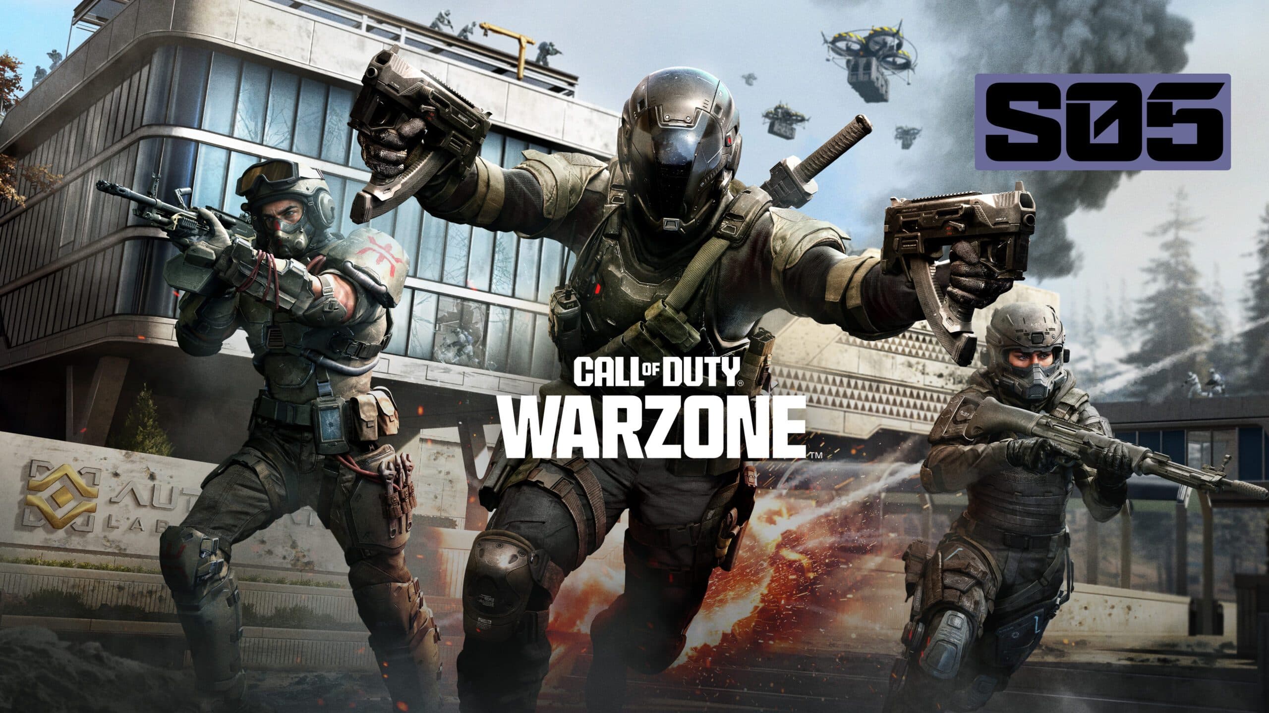 Visuel officiel de la Saison 5 de Call of Duty Warzone avec trois opérateurs devant les Drone Labs.