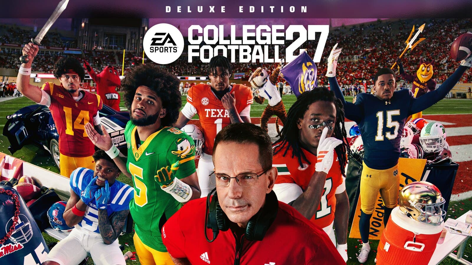 Visuel officiel de l’édition Deluxe d’EA Sports College Football 27 avec les joueurs, mascottes et entraîneurs du jeu.
