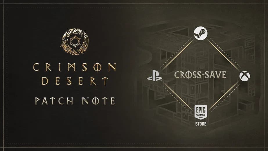 Visuel officiel du patch 1.14.00 de Crimson Desert reliant Steam, PlayStation, Xbox et Epic Games Store.