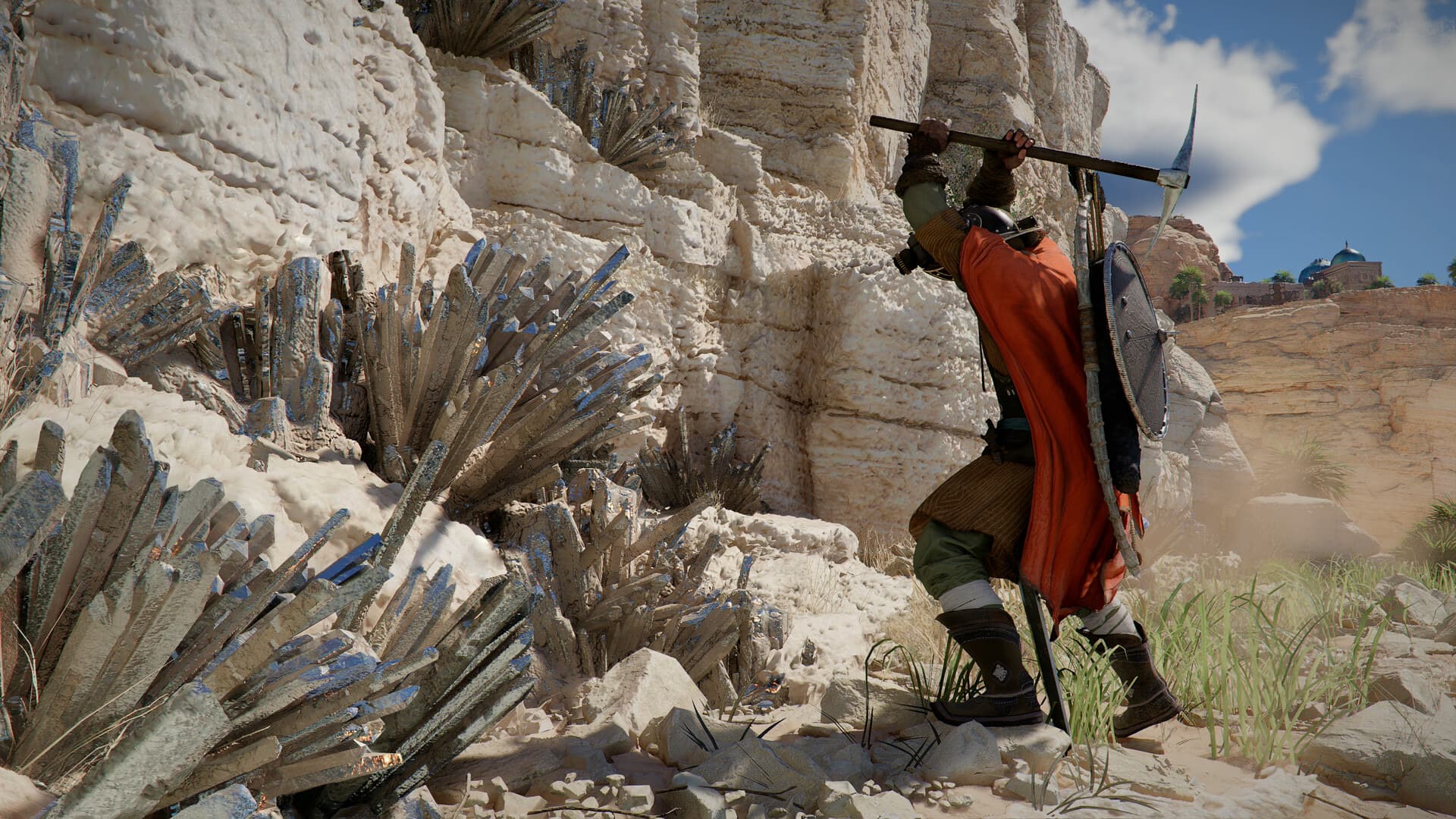 Capture officielle de Crimson Desert montrant un personnage frappant des cristaux au pied d’une falaise.