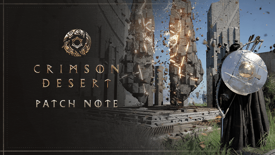 Visuel officiel des notes de mise à jour de Crimson Desert montrant Kliff devant une structure en lévitation.