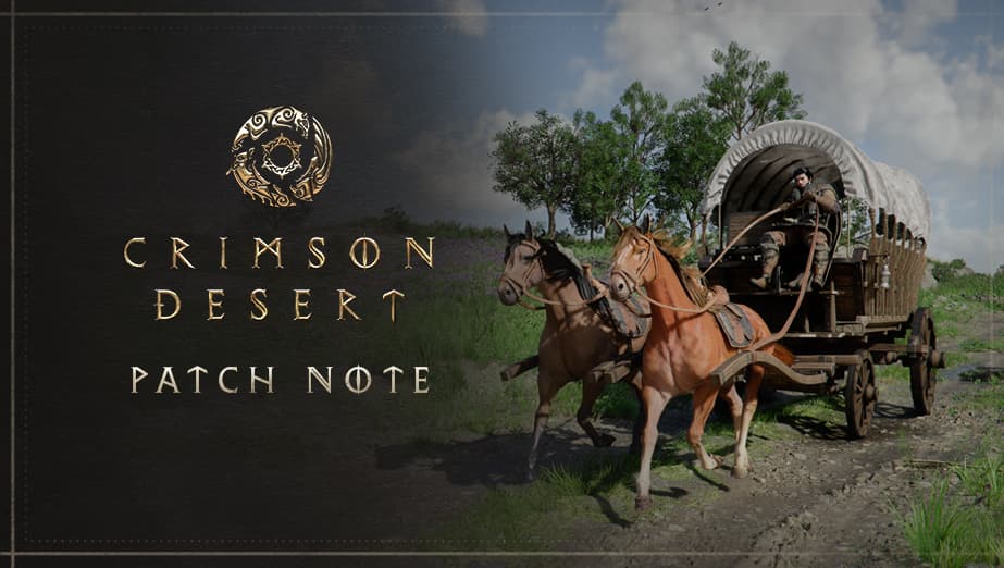 Visuel officiel du patch 1.16 de Crimson Desert montrant une caravane tirée par deux chevaux.