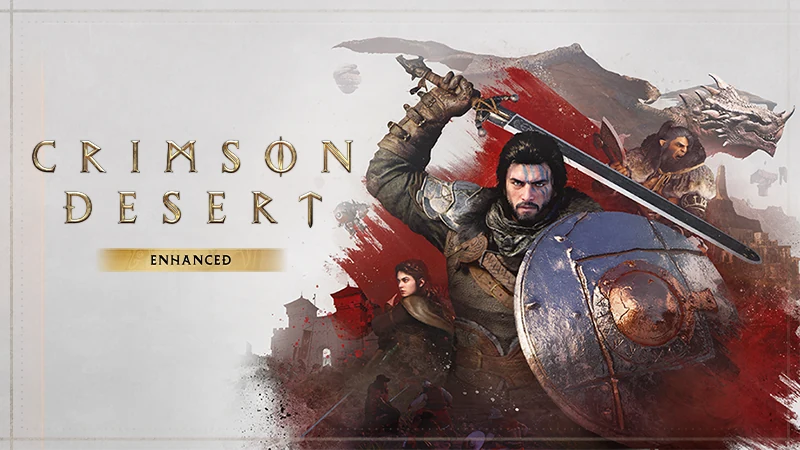 Visuel officiel de Crimson Desert Enhanced montrant Kliff et plusieurs personnages aux côtés du logo de la mise à jour.