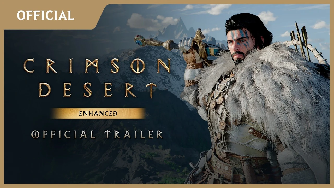 Miniature officielle de la bande-annonce Crimson Desert Enhanced montrant Kliff devant un paysage désertique.