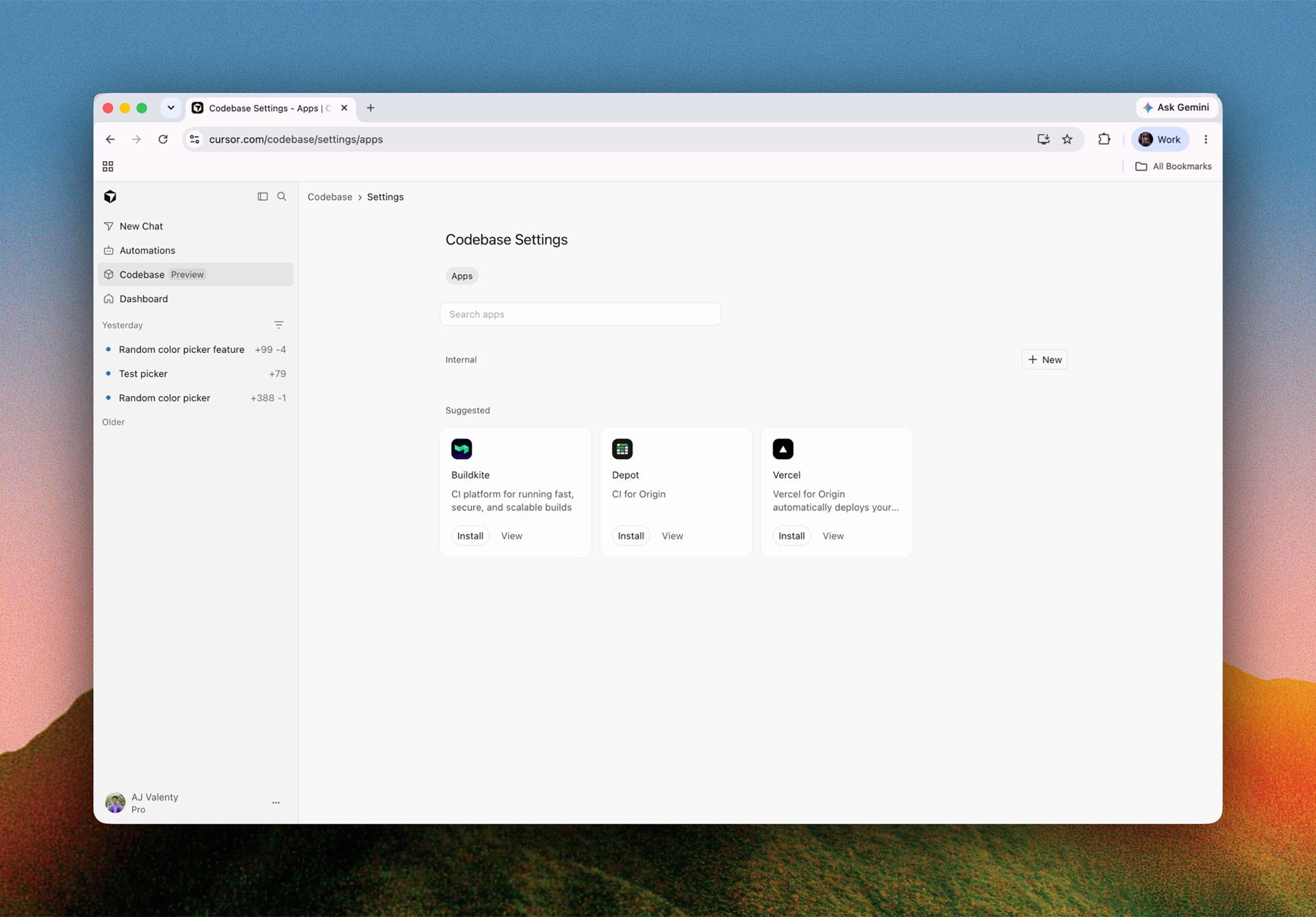 Écran officiel des applications Origin proposant Buildkite, Depot et Vercel.